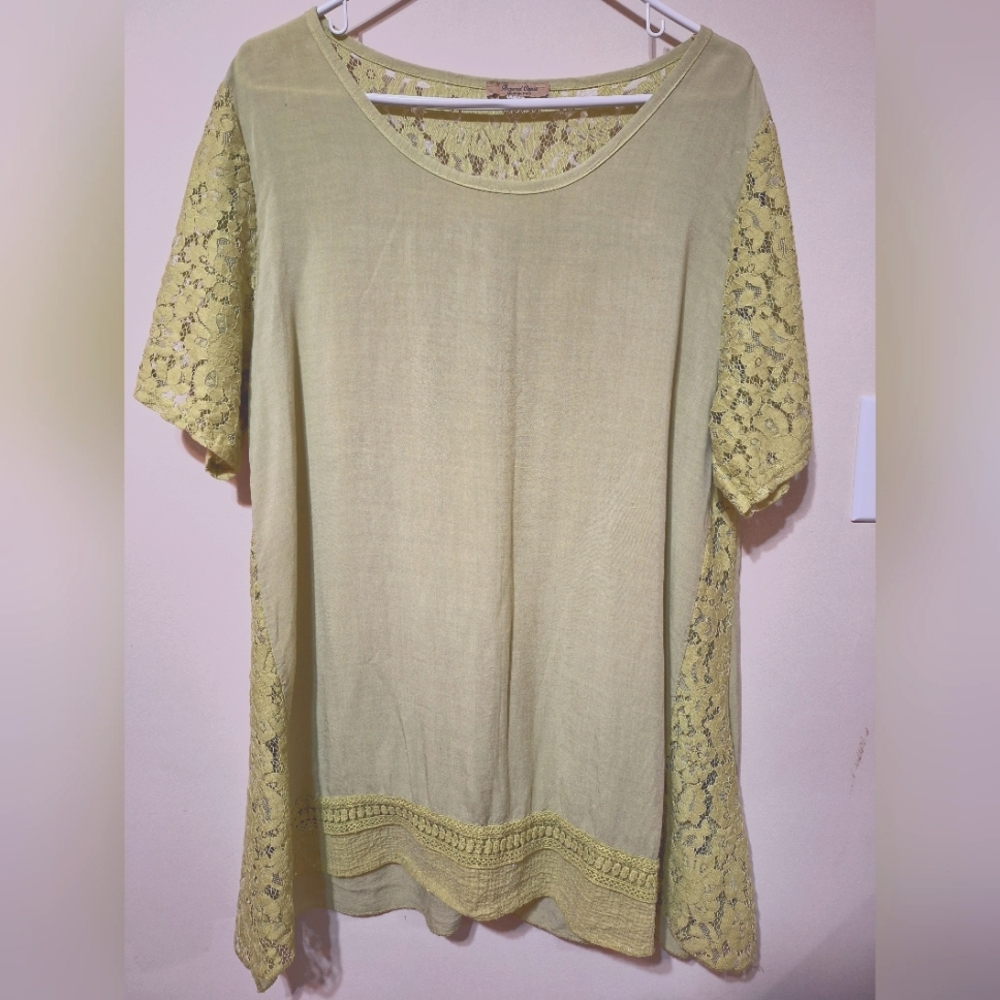 Beyond Capri  L to XL green lace embroidery sequins shortsleeve tunic